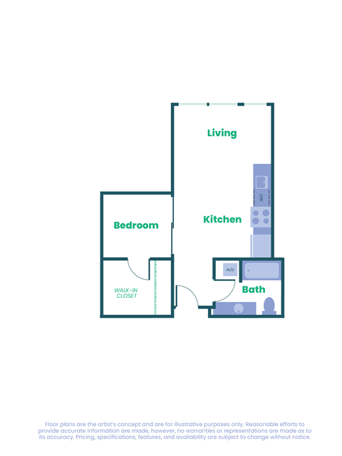 Floor plan for 1 bed, 1 bath, 660 sqft